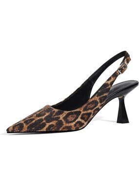 Women's Leopard Kitten Heel Slingback Low Heel Dress Shoes Closed Toe Rhinestone
